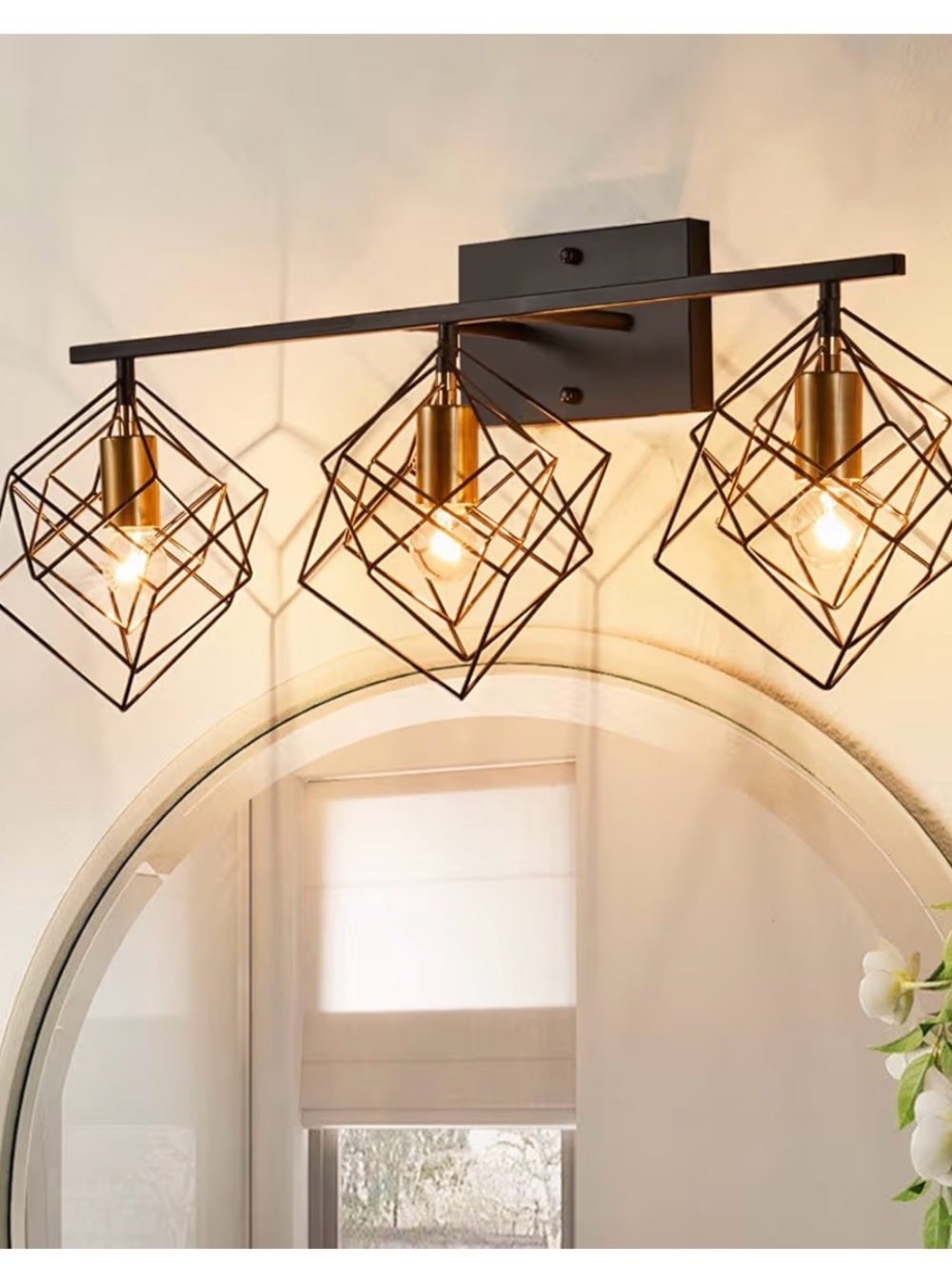 Modern 3-Light Geometric Vanity Light in Black and Gold